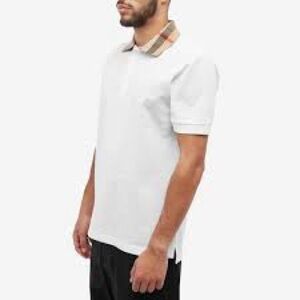 Burberry White Polo Shirt with Tan Plaid Collar